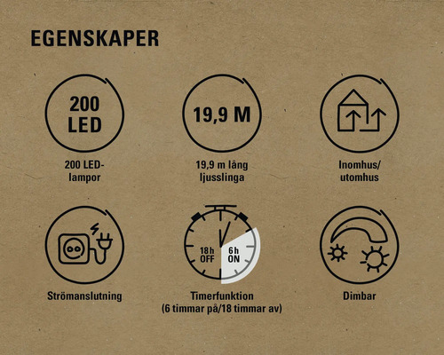 Egenskaper: 200 LED-lampor, 19,9 meters längd, för inomhus- och utomhusbruk, strömanslutning, timerfunktion, dimbar