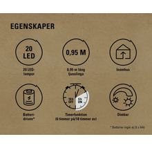 Egenskaper: 20 LED-lampor, 0,95 meter, för inomhusbruk, batteridriven, timerfunktion, dimbar