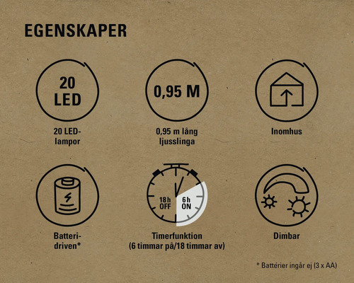 Egenskaper: 20 LED-lampor, 0,95 meter, för inomhusbruk, batteridriven, timerfunktion, dimbar