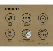 Egenskaper: 100 lysdioder, 4,95 meter lång, för inomhusbruk, batteridriven, timerfunktion, dimbar