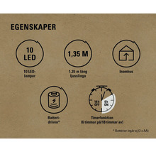 Egenskaper: 10 LED-lampor, 1,35 meter lång, för inomhusbruk, batteridriven, timerfunktion
