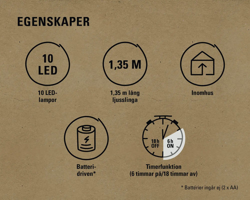 Egenskaper: 10 LED-lampor, 1,35 meter lång, för inomhusbruk, batteridriven, timerfunktion
