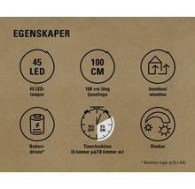 Egenskaper: 45 lysdioder, 100 cm längd, lämplig för inom- och utomhusbruk, batteridriven, timerfunktion, dimbar