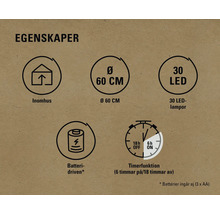Egenskaper: Lämplig för inomhusbruk, 60 centimeter i diameter, 30 lysdioder, batteridriven och timerfunktion