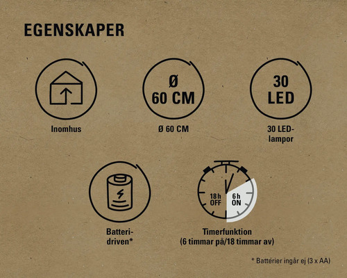 Egenskaper: Lämplig för inomhusbruk, 60 centimeter i diameter, 30 lysdioder, batteridriven och timerfunktion