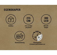 Egenskaper: Inomhus, 215 centimeter höjd, 300 LED lampor, strömanslutning, timerfunktion sex timmar på och arton timmar av