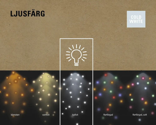 Bild av olika ljusfärger: bärnstensfärgad, varmvit, kallvit och flerfärgad