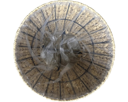 Vy från ovan av en rund blomkruka av flätat material med plastinsats