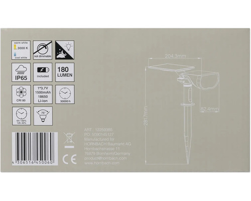 Information om solarlampan med tekniska detaljer och symboler