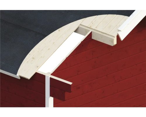 Detaljvy av ett trähus med takkonstruktion