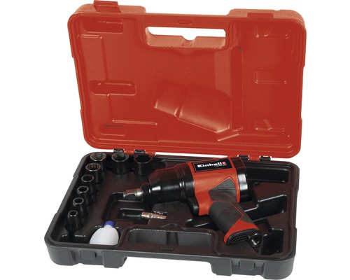 Einhell tryckluftsdrivna mutterdragare med tillbehör i en röd verktygslåda
