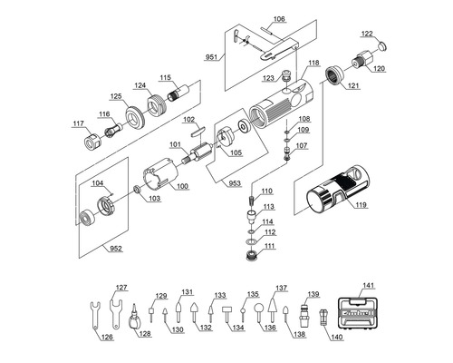 Sprängskiss av ett Einhell-verktyg med olika tillbehör och komponenter.