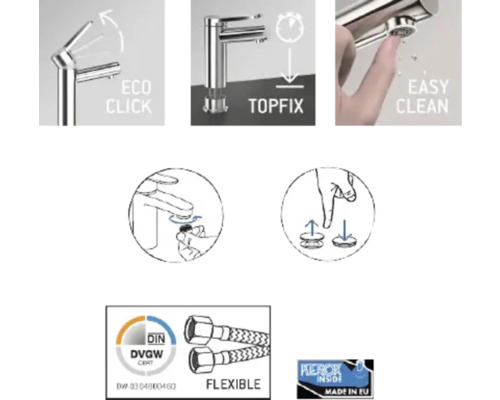 Funktioner hos en armatur: Eco Click-funktion, Topfix-system, enkel rengöring, flexibla slangar, DIN DVGW-certifiering och Kerox inre mekanism, tillverkad i EU.