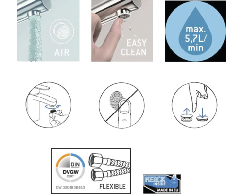 Produktfunktioner: luftblandning, enkel rengöring, maximalt flöde på 5,7 liter per minut, anti-fingeravtrycksbeläggning, flexibla slangar, DGVW-certifiering, tillverkad i EU