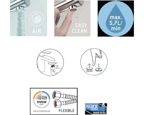Produktfunktioner: luft, enkel rengöring, maximalt 5,7 liter per minut, DVGWCERT-sigill, flexibla slangar, tillverkad i EU