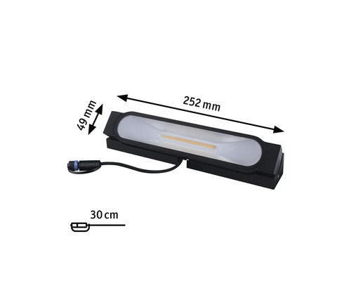 Bild av en svart LED-vägglampa med måtten 252 mm lång, 49 mm bred och 30 cm kabellängd