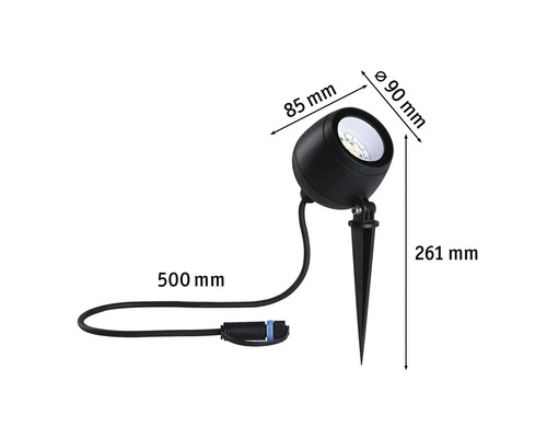 Trädgårdsbelysning med jordspett och måtten 85 mm x 90 mm x 261 mm, kabellängd 500 mm