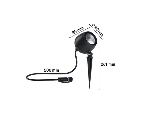 Trädgårdsstrålkastare med markspett och måttangivelser