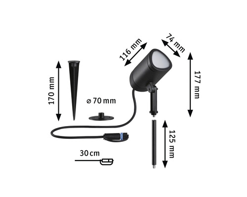 Mått på en trädgårdsbelysning med markspett, monteringsfot och anslutningskabel