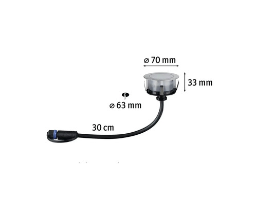 Markspotlight med en kabellängd på 30 centimeter och måtten 70 millimeter i diameter och 33 millimeter i höjd