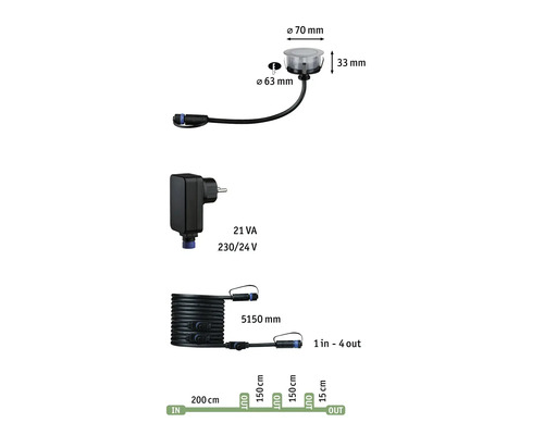 Bild på en anslutningskabel med fördelare, transformator och infälld spotlight med måttangivelser