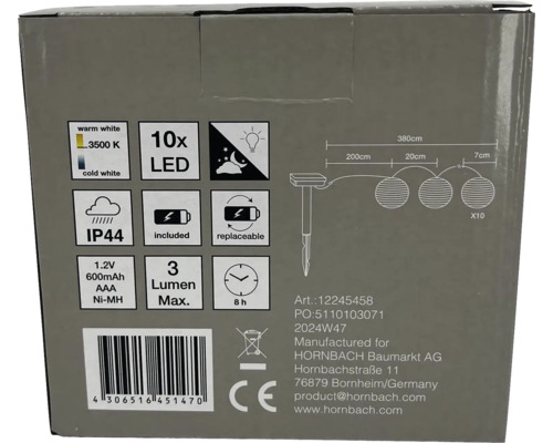 Förpackning av en LED-solcellslinga med tekniska detaljer