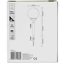Förpackning av en trädgårdslampa med markspett och information om brinntid, färgtemperatur och skyddsklass