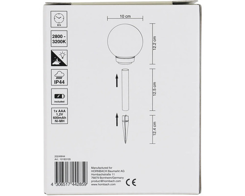 Förpackning av en trädgårdslampa med markspett och information om brinntid, färgtemperatur och skyddsklass