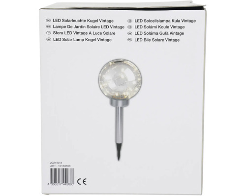 Förpackning av en LED-solcellslampa i kulform i vintage design