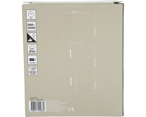 Förpackning för en trädgårdslampa med produktinformation och teknisk information.