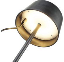 Närbild av en skrivbordslampa med rund fot och lampskärm.