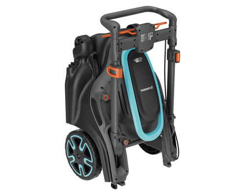 Gardena batteridriven grästrimmer hopfälld för platsbesparande förvaring.