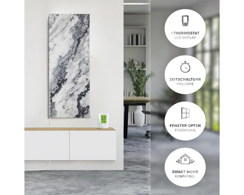 Infraröd värmare med marmorutseende monterad på väggen, med termostat, LCD-display, timer, detektering av öppet fönster och Smart Home-kompatibilitet