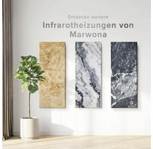 Tre infraröda värmare från Marwona hänger på väggen, bredvid en krukväxt i en kruka.