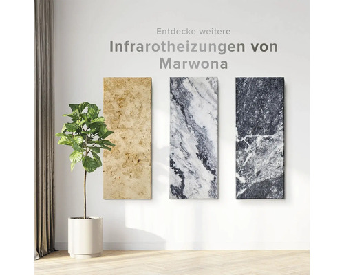 Tre infraröda värmare från Marwona hänger på väggen, bredvid en krukväxt i en kruka.