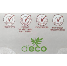 Information om tapetegenskaper: PVC-fri, fri från lösningsmedel och mjukgörare, FSC-certifierad, non-woven tapet
