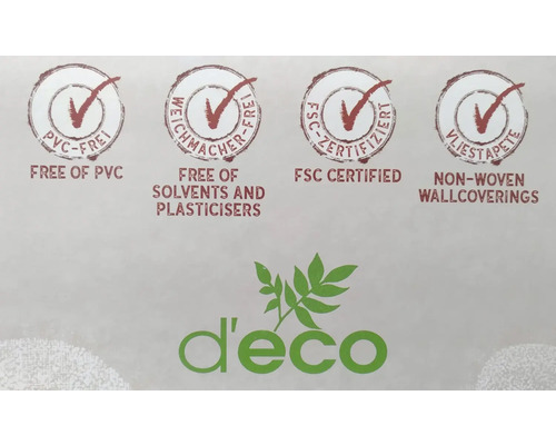 Information om tapetegenskaper: PVC-fri, fri från lösningsmedel och mjukgörare, FSC-certifierad, non-woven tapet