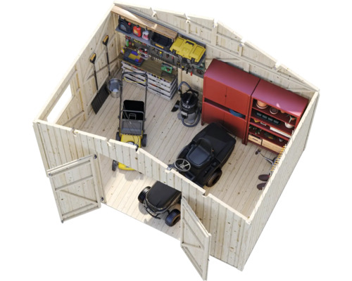 Trädgårdsskjul i trä med gräsklippare, skåp och verktyg