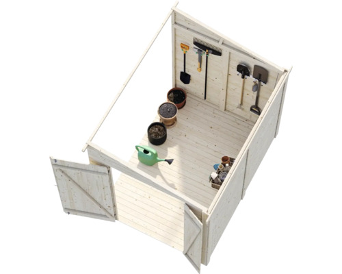 Trädgårdsskjul med trädgårdsredskap, blomkrukor och vattenkanna