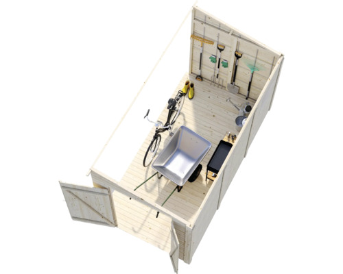 Städat redskapsbod med cykel, skottkärra och trädgårdsredskap.