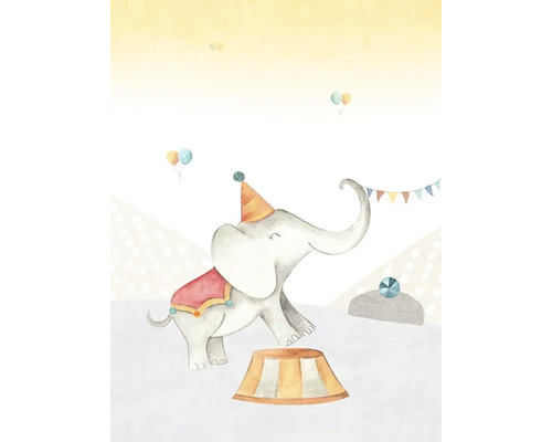 Illustration av en cirkuselefant med hatt och piedestal