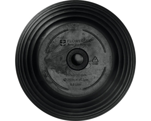 Undersidan av en svart Darwin-planteringskärl med en diameter på 26 centimeter