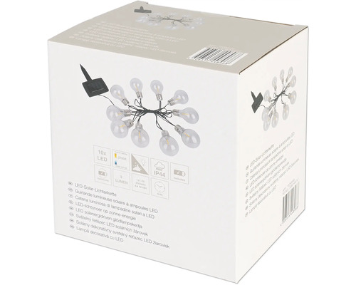 Förpackning med en solcellsslinga med tio LED-lampor