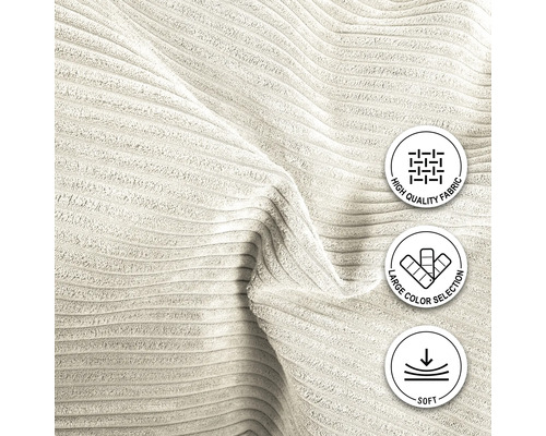 Närbild av manchester med indikationerna: Högkvalitativt tyg, stort färgval och mjukt