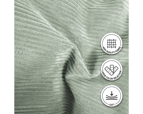 Närbild av ribbat tyg med symbolerna: högkvalitativt tyg, stort färgurval och mjukt