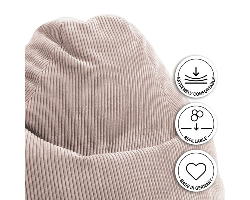 Detaljvy av en sittpuff i manchestertyg med information om komfort, påfyllningsbarhet och tillverkning i Tyskland