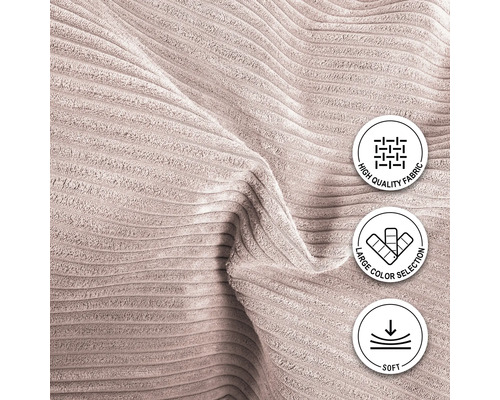 Närbild av manchestertyg med symbolerna hög tygkvalitet, stort färgurval och mjuk