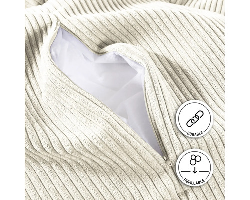 "Detaljvy av en sittpuff i manchester med dragkedja och symboler för ""slitstark"" och ""återfyllbar"""