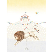 Illustration av ett cirkuslejon som hoppar genom en ring, med ett cirkustält i bakgrunden