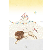 Illustration av en cirkusscen med tält, lejon, papegoja och ballonger